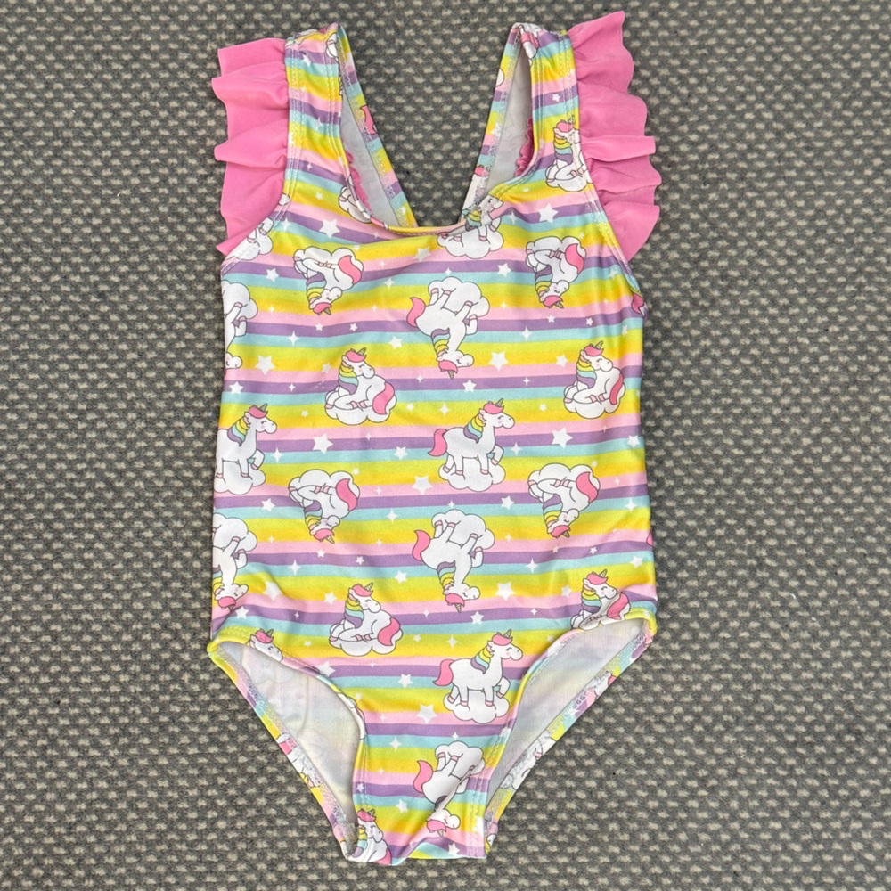 Sol Swim Unicorn Rainbow Striped Swimsuit with Pink Ruffles
